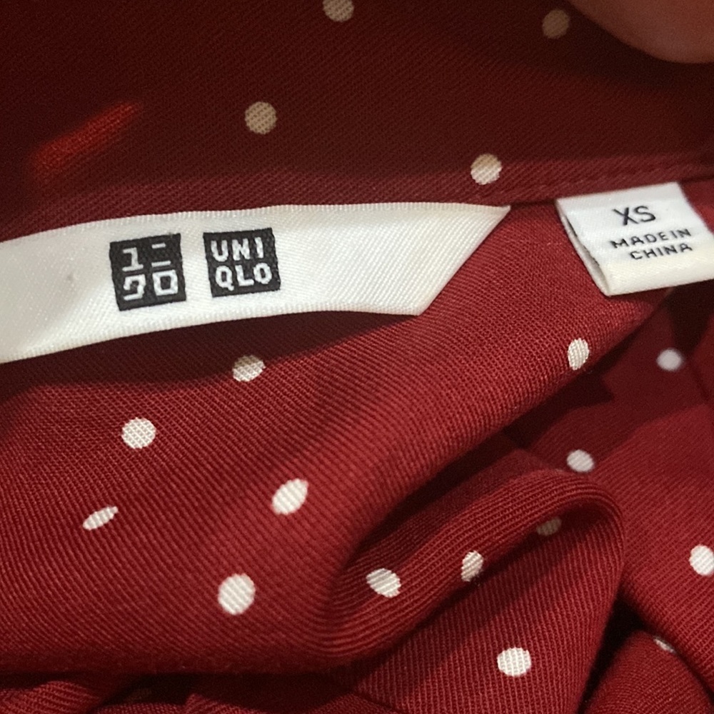 Uniqlo RED/White Polka Dots Long Sleeve Dress Buttons Down Belts attached Sz XS - Picture 14 of 16